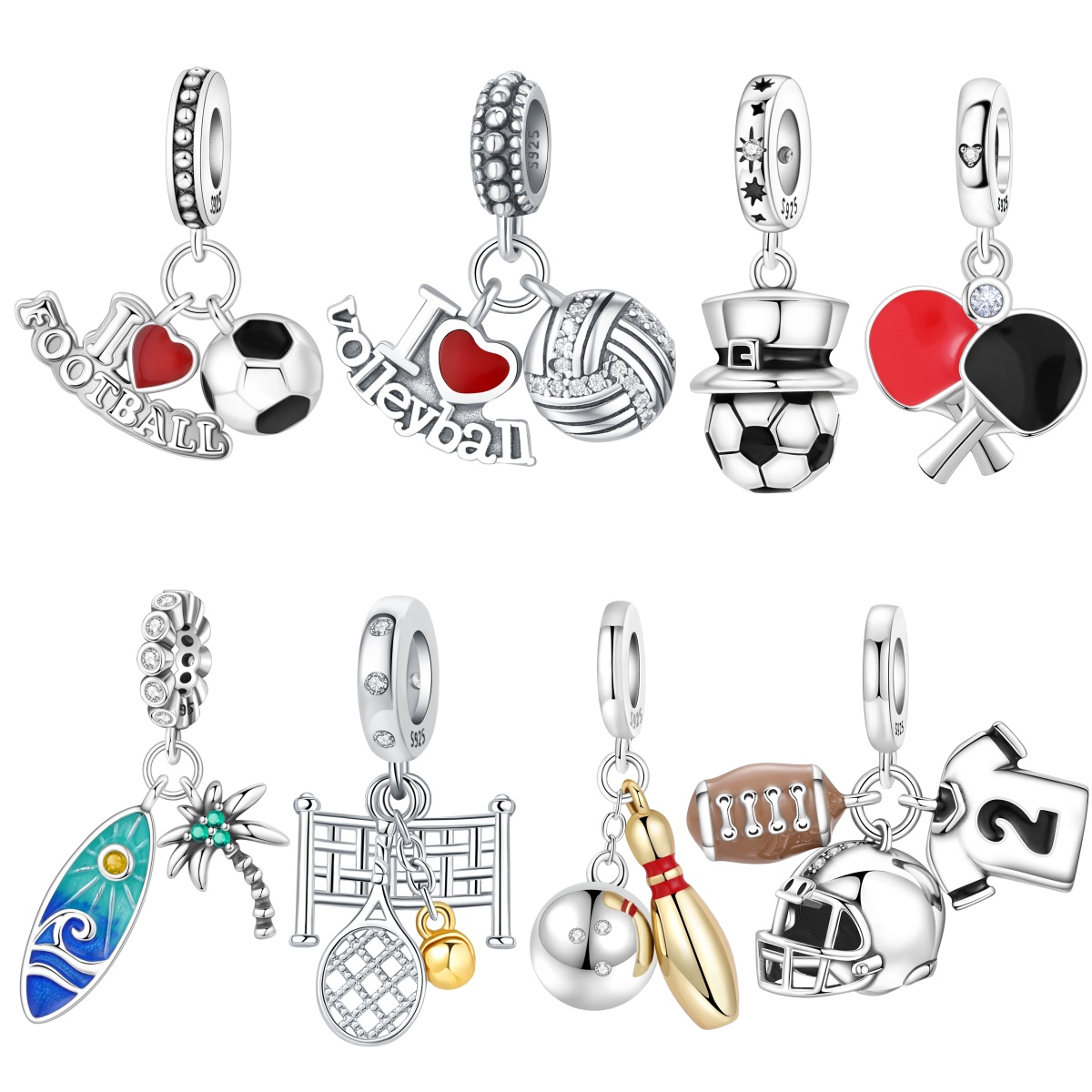 Table Tennis Volleyball - MISEFF S925 Sterling Silver Charm Sports